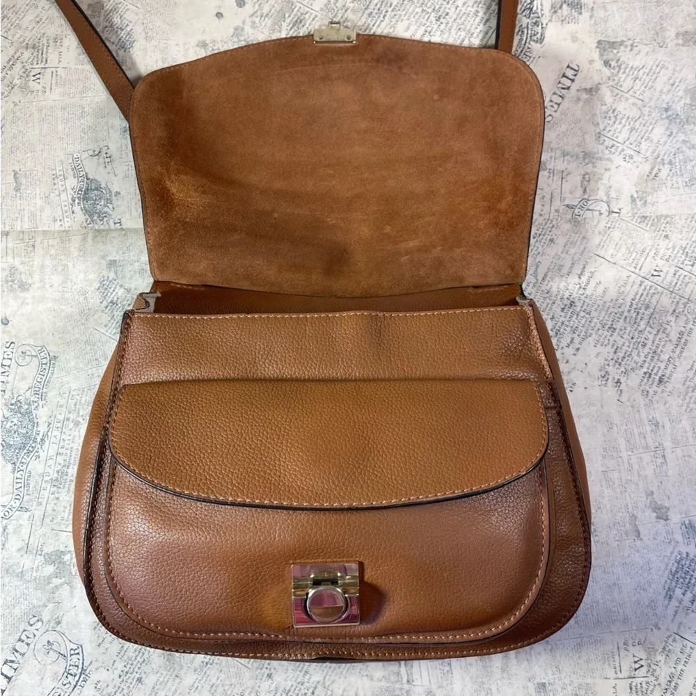 Massimo Dutti Genuine Brown Leather Saddle Crossbody Bag Flap Shoulder Purse